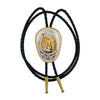 Western Express Horse Head in Horseshoe German Silver Oval Bolo Tie - Broken horn