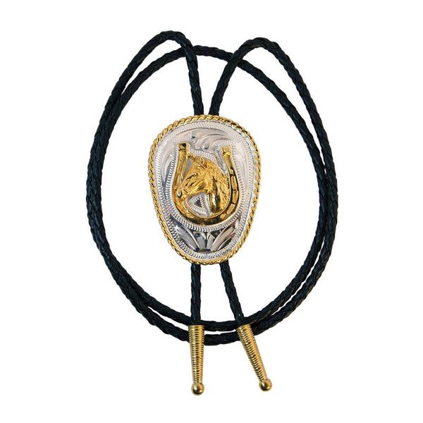 Western Express Horse Head in Horseshoe German Silver Oval Bolo Tie - Broken horn
