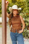 Brown Studded Fringe Hem Suede Sleeveless Top