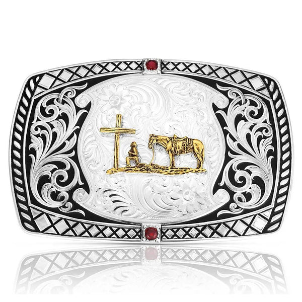Montana Silversmiths Midnight Range Buckle with Praying Cowboy - Broken horn