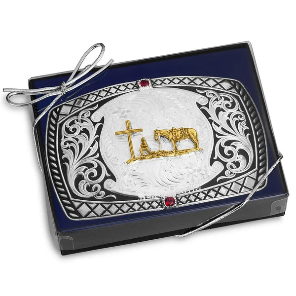 Montana Silversmiths Midnight Range Buckle with Praying Cowboy - Broken horn