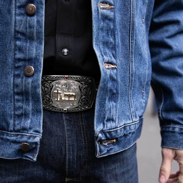 Montana Silversmiths Midnight Range Buckle with Praying Cowboy - Broken horn