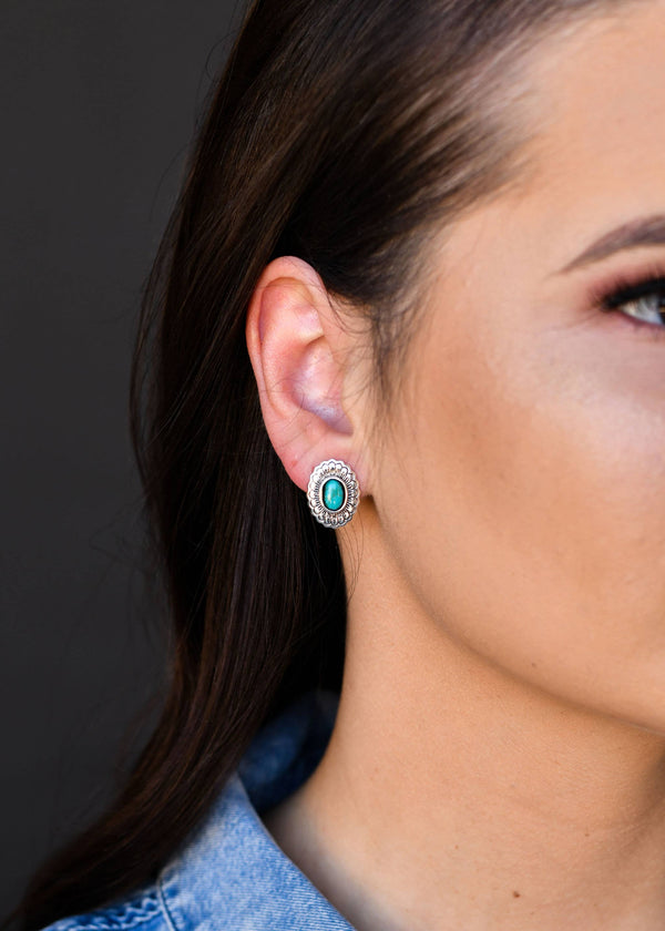Silver Flower Concho Earring w/ Turquoise Stone