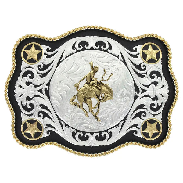 Montana Silversmiths Scalloped Sheridan Style Western Belt Buckle with Bronc Rider - Broken horn
