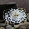 Montana Silversmiths Scalloped Sheridan Style Western Belt Buckle with Bronc Rider - Broken horn