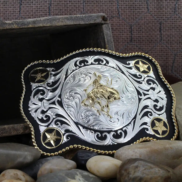 Montana Silversmiths Scalloped Sheridan Style Western Belt Buckle with Bronc Rider - Broken horn
