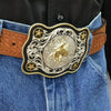 Montana Silversmiths Scalloped Sheridan Style Western Belt Buckle with Bronc Rider - Broken horn