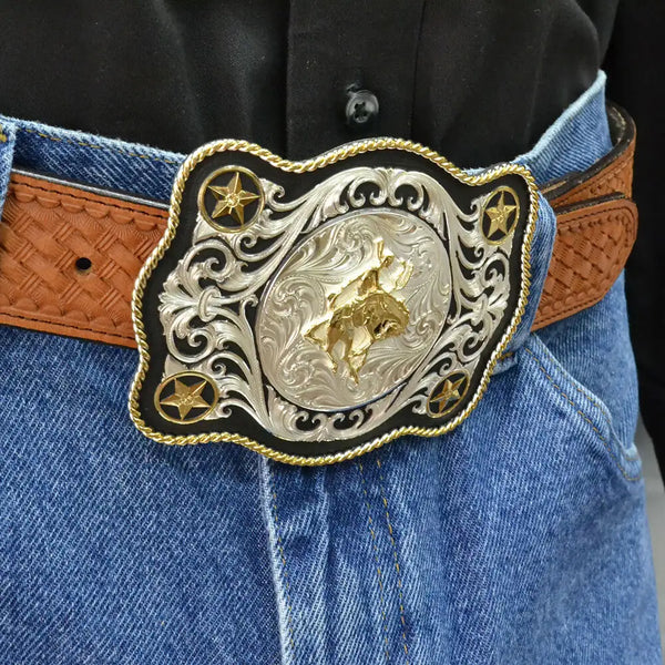 Montana Silversmiths Scalloped Sheridan Style Western Belt Buckle with Bronc Rider - Broken horn