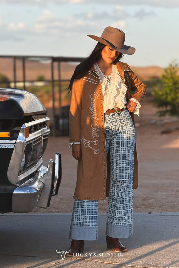 Lucky & Blessed Camel Stretch Suede Western Contrast Stitching Coat - Broken horn