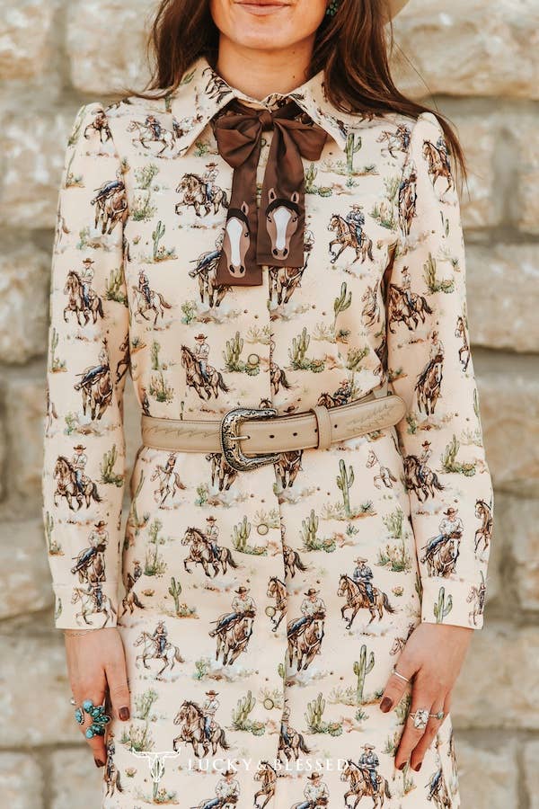 Lucky & Bless Plus Size Cream Western Puff Sleeve Embroidered Bow Dress - Broken horn