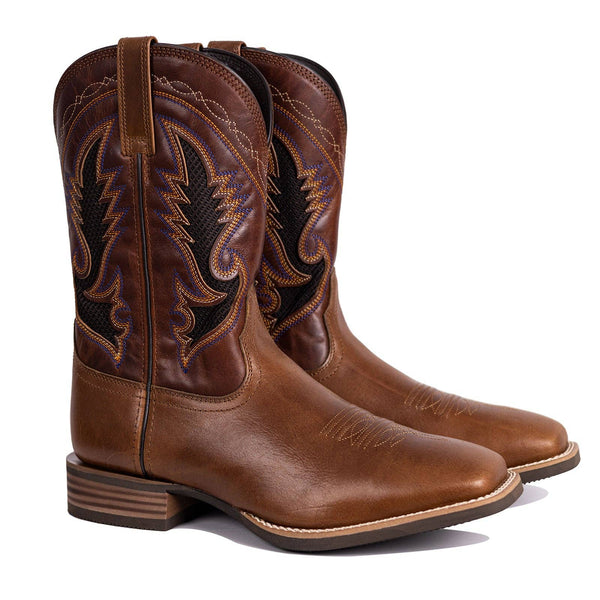 Palitutu Men's Dark Brown Full Grain Leather Square Toe Cowboy Boots - Broken horn