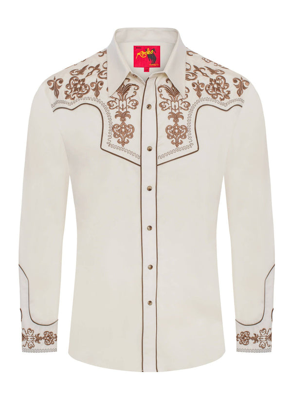 Rodeo Men's Western Cowboy Embroidery Shirt - Ivory - Broken horn