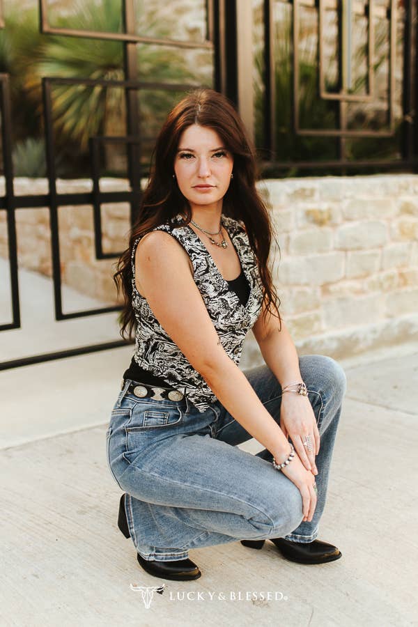 Jacquard Black White Horse Button Down Corset Top