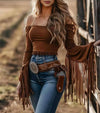 Long-Sleeve Cowboy Fringe Crop Top