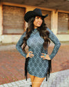 Black Aztec Printed Long Sleeve Dress W Side Fringe