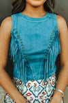 Teal Suede Front Arch Fringe Top