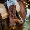 Palitutu Men's Dark Brown Full Grain Leather Square Toe Cowboy Boots - Broken horn