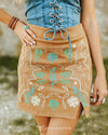 Camel Stretch Suede Aztec Floral Embroidered Skirt