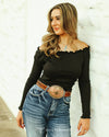 Black Ribbed Off the Shoulder Long Sleeve Top