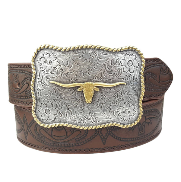 Western Long Horn Buckle w. matching tooled belt