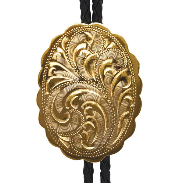 Western Express Engraved Gold Scalloped Oval German Silver Bolo Tie - Broken horn