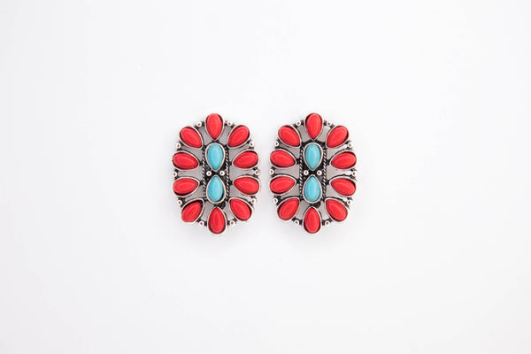 Turquoise and Red Oval Cluster Post Earring