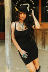 Black Side Ruched Dress w/Tie Spaghetti Straps