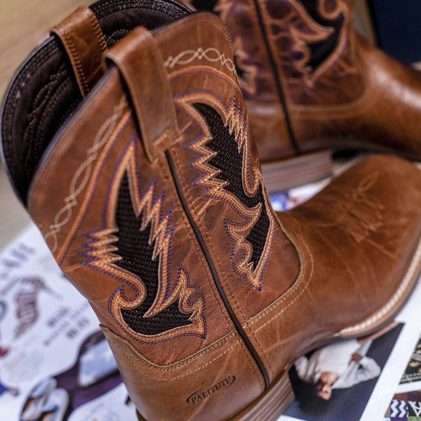Palitutu Men's Dark Brown Full Grain Leather Square Toe Cowboy Boots - Broken horn