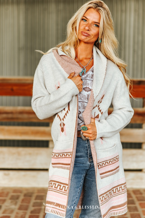 Ivory Soft Pink Aztec Long Sleeve Knitted Cardigan