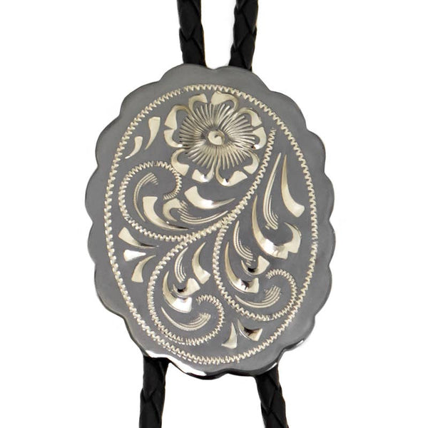 Floral Engraving on Scalloped Oval German Silver Bolo Tie