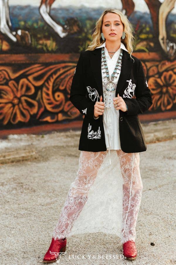Lucky & Blessed Black Ivory Western Yoke Blazer