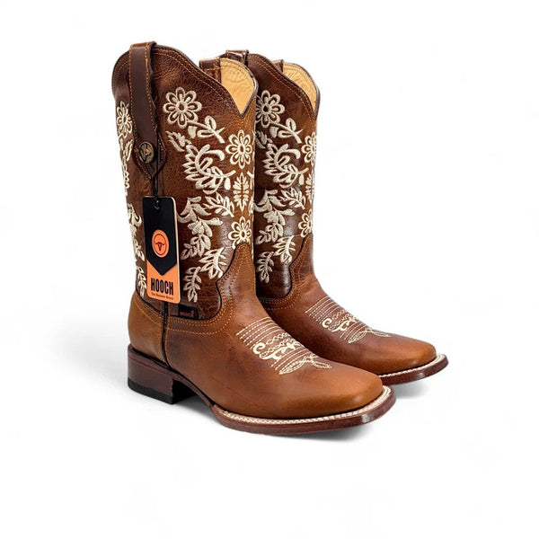 Hooch Women’s Square Toe Western Boots Genuine Leather Embroidered - Broken horn