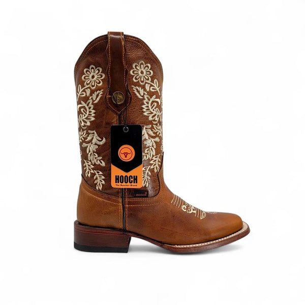 Hooch Women’s Square Toe Western Boots Genuine Leather Embroidered - Broken horn