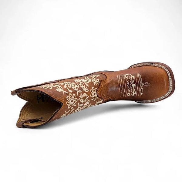 Hooch Women’s Square Toe Western Boots Genuine Leather Embroidered - Broken horn