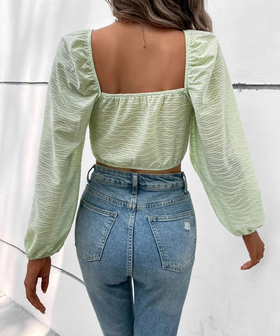 Light Green Puff Sleeve Corset Long Sleeve Crop Top