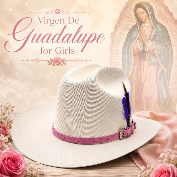 Hooch Girls Virgen de Guadalupe Sombrero – Pink Band Western Vaquera Hat with Genuine Feather - Broken horn
