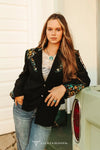 Black Suede Lucky Embroidered Sleeve /Yoke Blazer