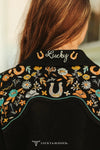 Black Suede Lucky Embroidered Sleeve /Yoke Blazer