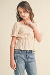 Tween Kids Girls Puff Sleeve Emb Peplum Top