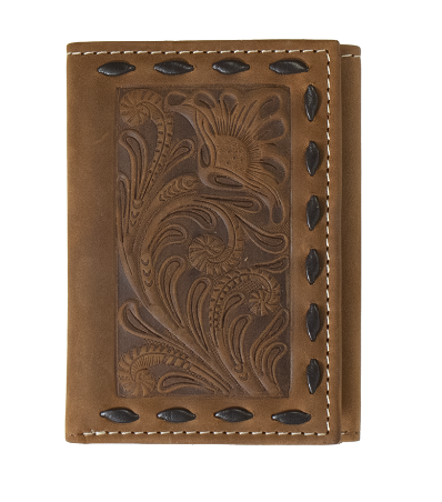 Nocona Trifold Wallet Floral Embossed Chocolate Buck Lacing Brown