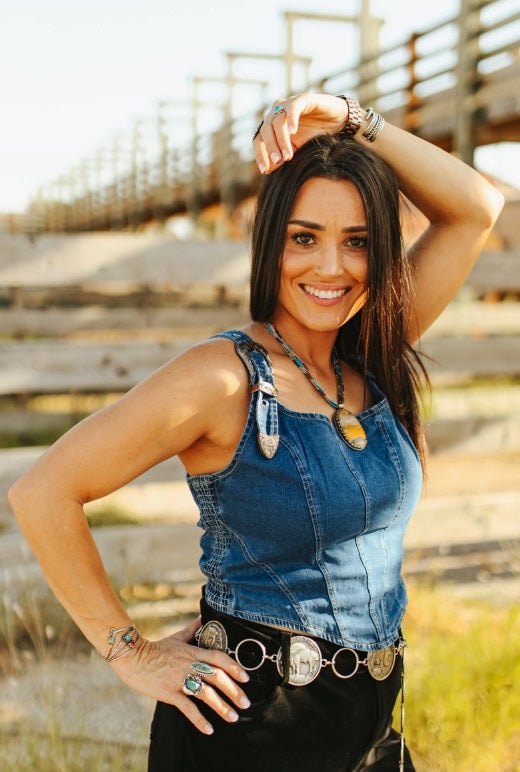 Dark Wash Corset Top W Buckle Strap - Broken horn