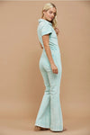 Western Acid Washed Bootcut Leg Denim Jumpsuit Aqua