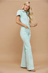 Western Acid Washed Bootcut Leg Denim Jumpsuit Aqua