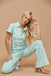 Western Acid Washed Bootcut Leg Denim Jumpsuit Aqua