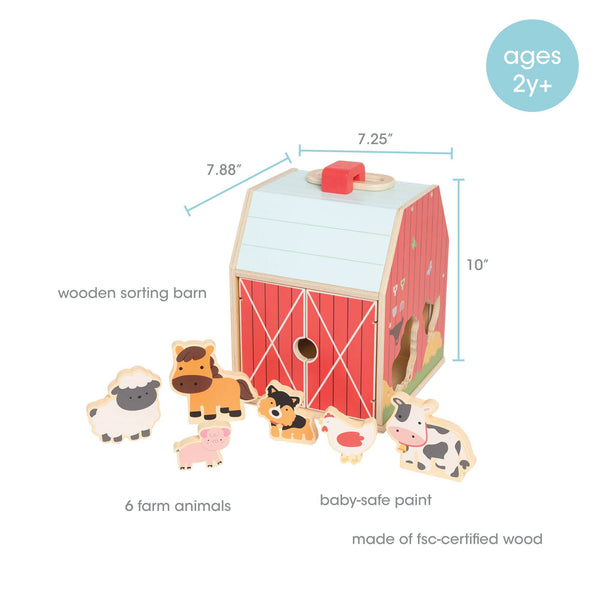 Wooden Barn Shape Sorter Toy, Farm Animals Montessori Play - Broken horn