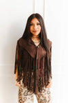 Brown Suede Hand Stitch Collar Cape W Fringe