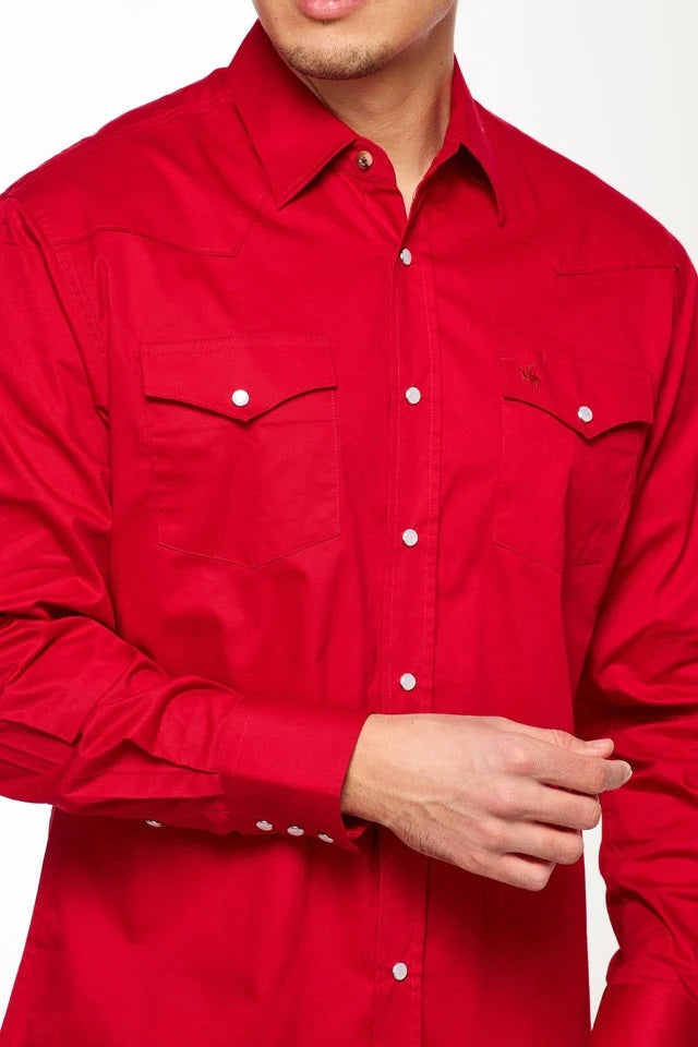 Rodeo Solid Color Long Sleeve Snap - Red