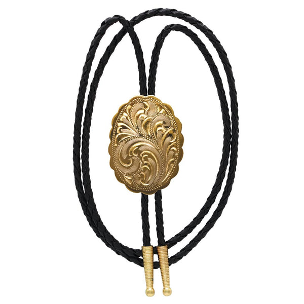 Western Express Engraved Gold Scalloped Oval German Silver Bolo Tie - Broken horn