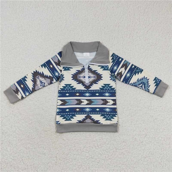 Baby Boys Western Aztec Long Sleeve Zip Pullover Tee Top - Broken horn
