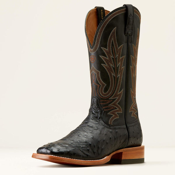 Ariat Showboat Cowboy Boot - Black Full Quill Ostrich - Broken horn